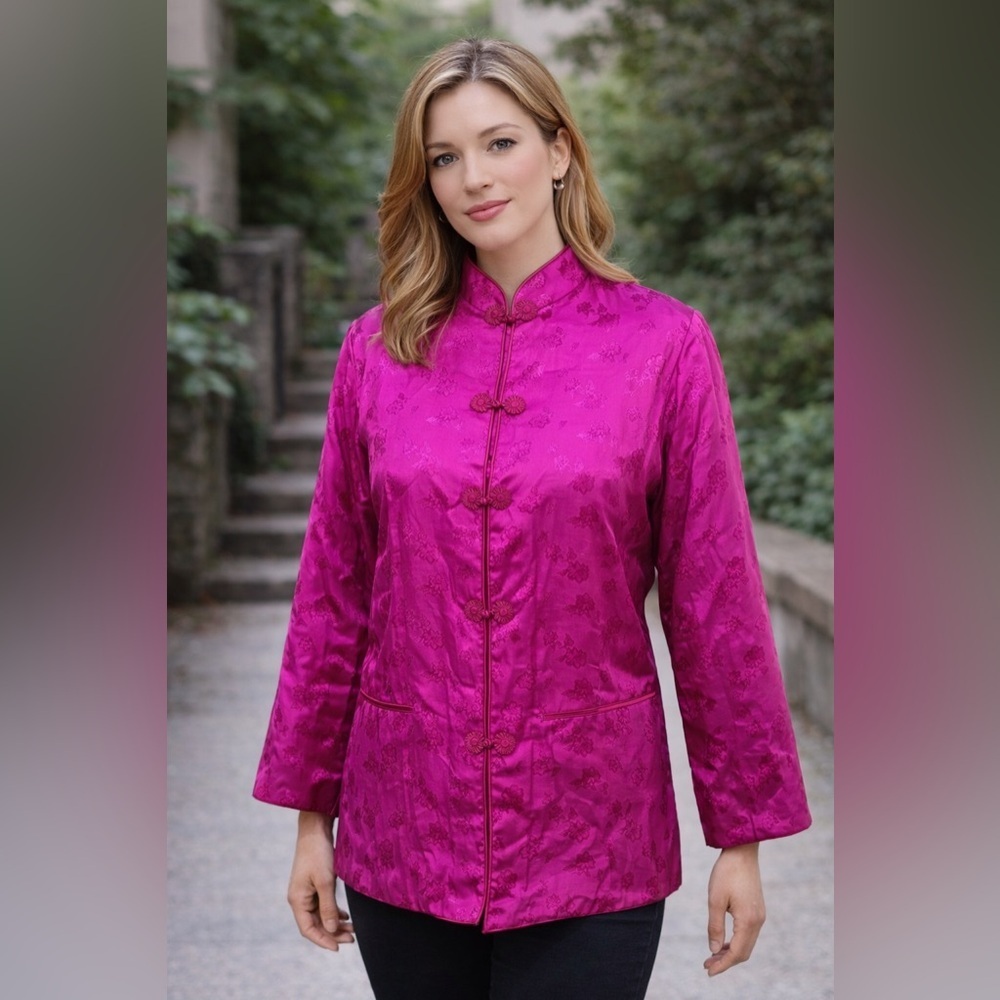 Plum Blossoms Pink Silk Brocade Jacket Mandarin Collar Frog Closure Size Large